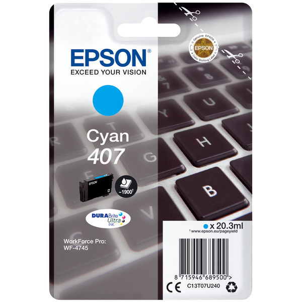 C13T07U240 // 407 / cyan / original EPSON Tintenpatrone cyan / C13T07U240 / 1900 S. / 20.30 ml