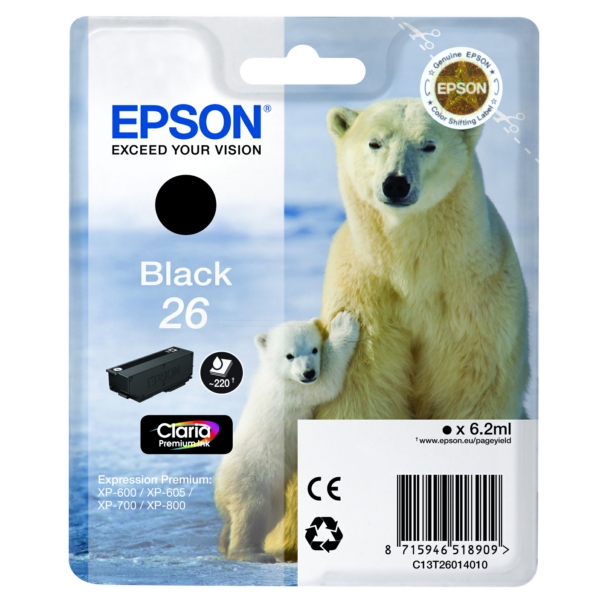 C13T26014010 // 26 / schwarz / original EPSON Tintenpatrone schwarz / C13T26014010 / 220 S. / 6.20 ml