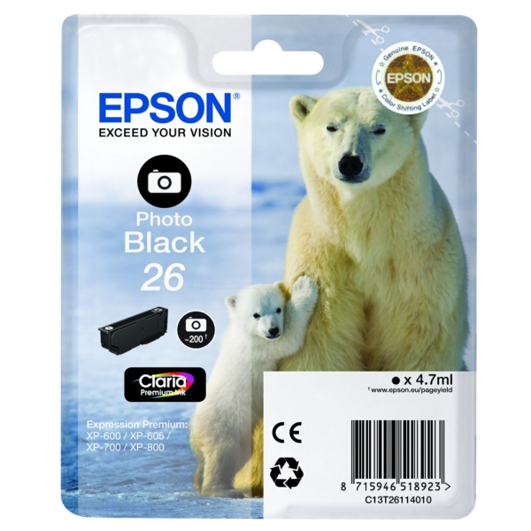 C13T26114010 // 26 / schwarz / original EPSON Tintenpatrone schwarz hell / C13T26114010 / 200 S. / 4.70 ml