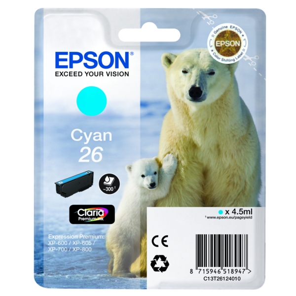 C13T26124010 // 26 / cyan / original EPSON Tintenpatrone cyan / C13T26124010 / 300 S. / 4.50 ml