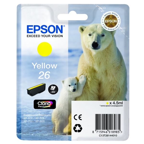 C13T26144010 // 26 / gelb / original EPSON Tintenpatrone gelb / C13T26144010 / 300 S. / 4.50 ml