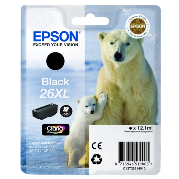 C13T26214012 // 26XL / schwarz / original EPSON Tintenpatrone schwarz / C13T26214012 / 500 S. / 12.20 ml