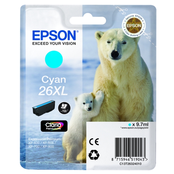 C13T26324012 // 26XL / cyan / original EPSON Tintenpatrone cyan / C13T26324012 / 700 S. / 9.70 ml