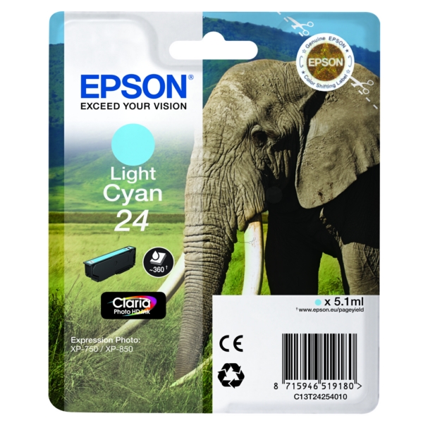 C13T24254012 // 24 / cyan / original EPSON Tintenpatrone cyan hell / C13T24254012 / 360 S. / 5.10 ml