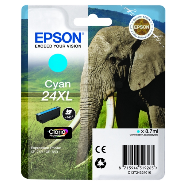 C13T24324010 // 24XL / cyan / original EPSON Tintenpatrone cyan / C13T24324010 / 500 S. / 8.70 ml