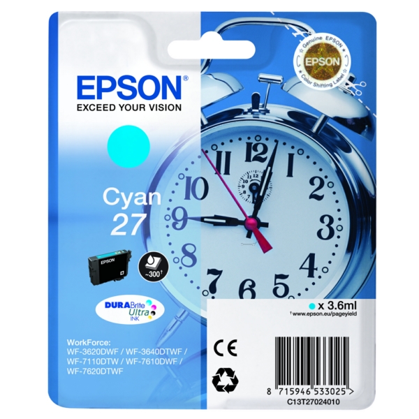 C13T27024012 // 27 / cyan / original EPSON Tintenpatrone cyan / C13T27024012 / 300 S. / 3.60 ml