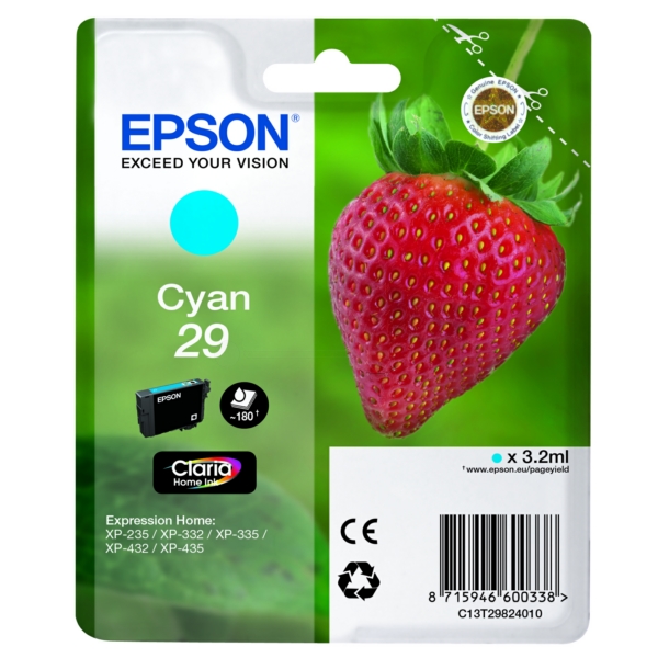 C13T29824012 // 29 / cyan / original EPSON Tintenpatrone cyan / C13T29824012 / 180 S. / 3.20 ml
