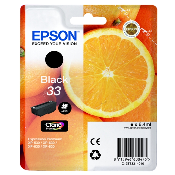 C13T33314012 // 33 / schwarz / original EPSON Tintenpatrone schwarz / C13T33314012 / 250 S. / 6.40 ml