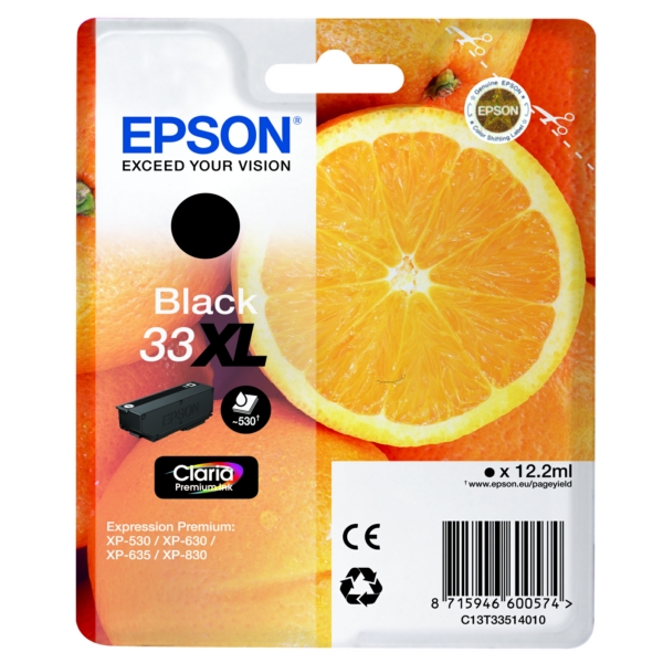 C13T33514012 // 33XL / schwarz / original EPSON Tintenpatrone schwarz / C13T33514012 / 530 S. / 12.20 ml