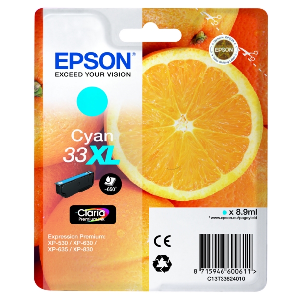 C13T33624012 // 33XL / cyan / original EPSON Tintenpatrone cyan / C13T33624012 / 650 S. / 8.90 ml