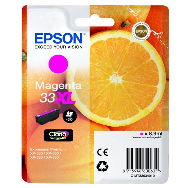 C13T33634012 // 33XL / magenta / original EPSON Tintenpatrone magenta / C13T33634012 / 650 S. / 8.90 ml