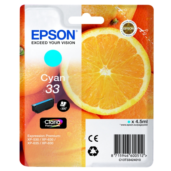 C13T33424012 // 33 / cyan / original EPSON Tintenpatrone cyan / C13T33424012 / 300 S. / 4.50 ml