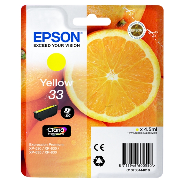 C13T33444012 // 33 / gelb / original EPSON Tintenpatrone gelb / C13T33444012 / 300 S. / 4.50 ml