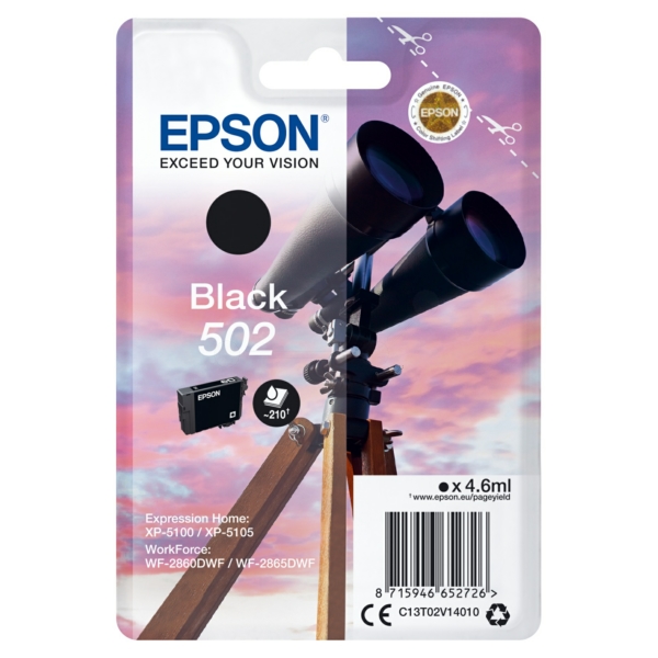 C13T02V14010 // 502 / schwarz / original EPSON Tintenpatrone schwarz / C13T02V14010 / 210 S. / 4.60 ml